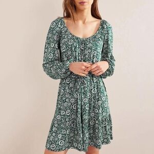 Boden 14L (Long) Scoop Neck Jersey Knit Tiered Floral Green Belted Mini Dress
